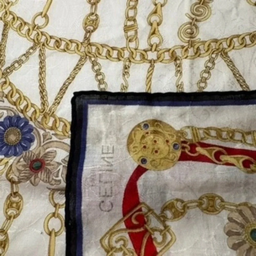 Vtg CELINE Scarf Handkerchief Chain Floral Silk White 20